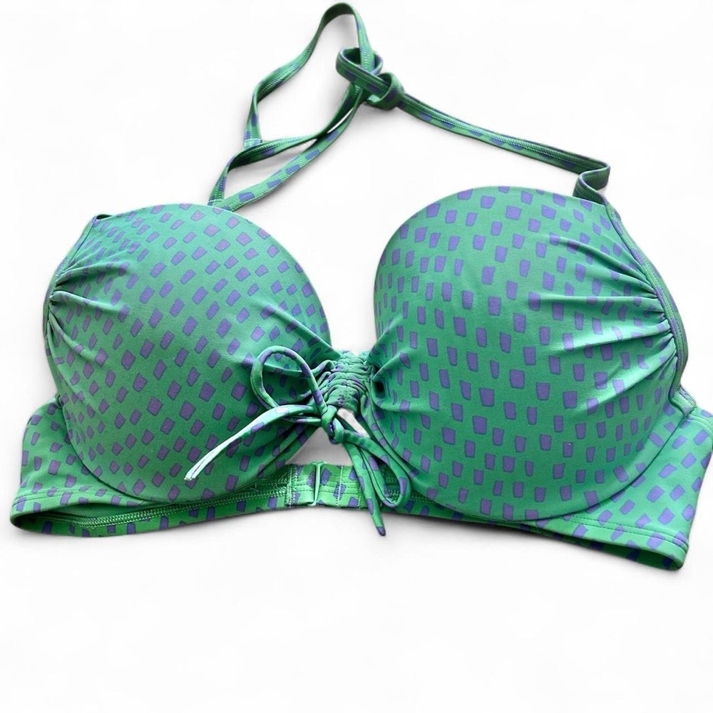 Aerie Bridget green swim bikini top purple polka dots, adjustable straps Sz 36D